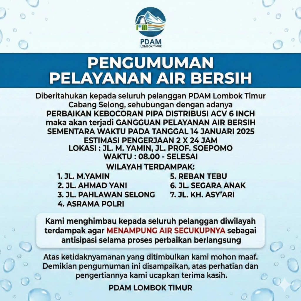 Perbaikan Jaringan Distribusi, Layanan Air PDAM di Kota Selong Sementara Terganggu