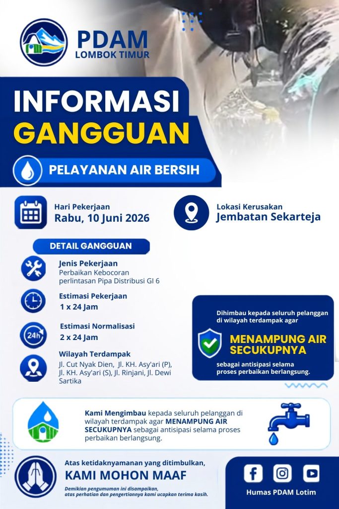 Kebocoran Pipa GI 6 di Sekarteja, Layanan Air PDAM Lotim Terganggu hingga Normalisasi Jaringan