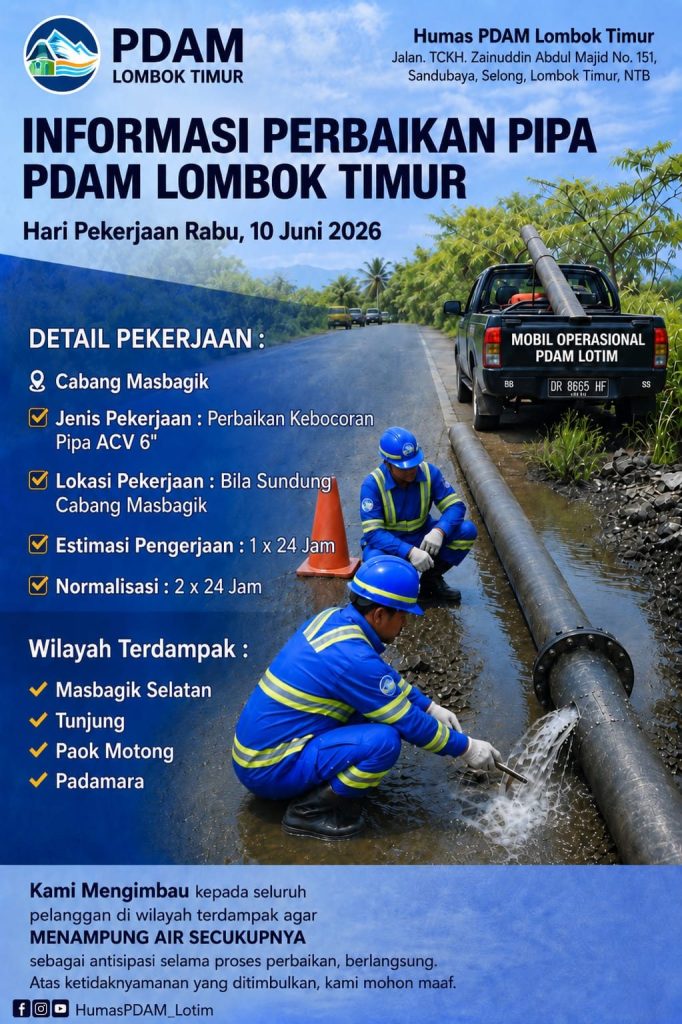 Kebocoran Pipa di Bila Sundung Diperbaiki, Layanan Air Bersih Empat Wilayah Masbagik Terganggu