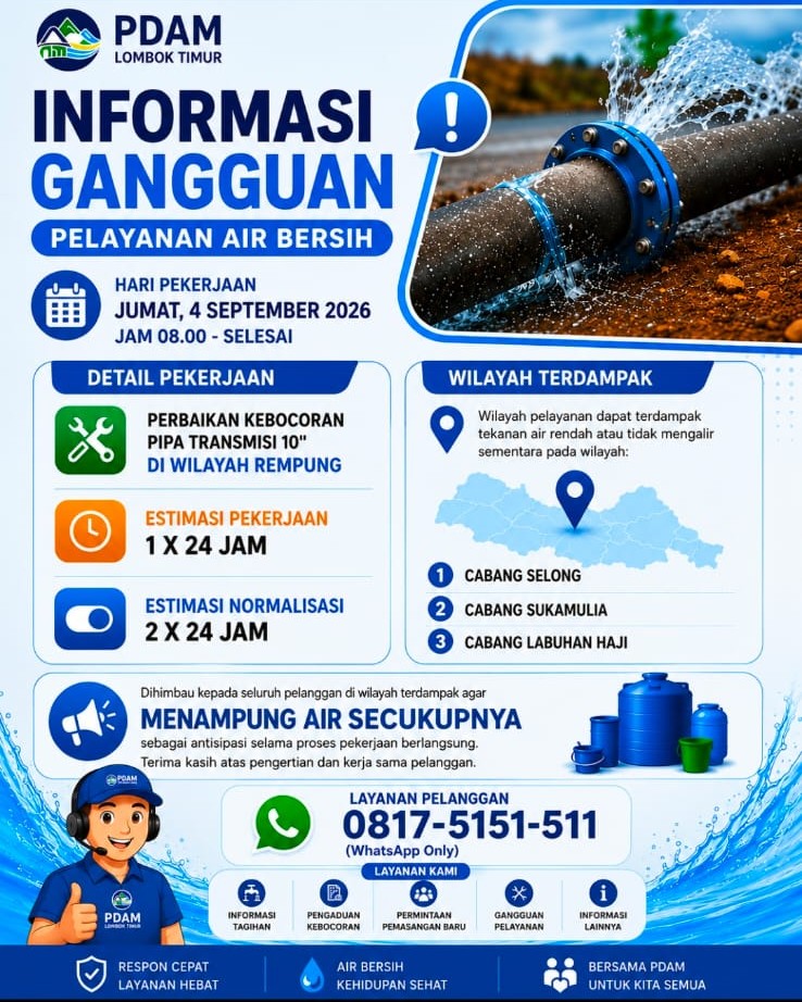 Pipa Transmisi Bocor, Distribusi Air PDAM Lotim Terganggu hingga 2 Hari