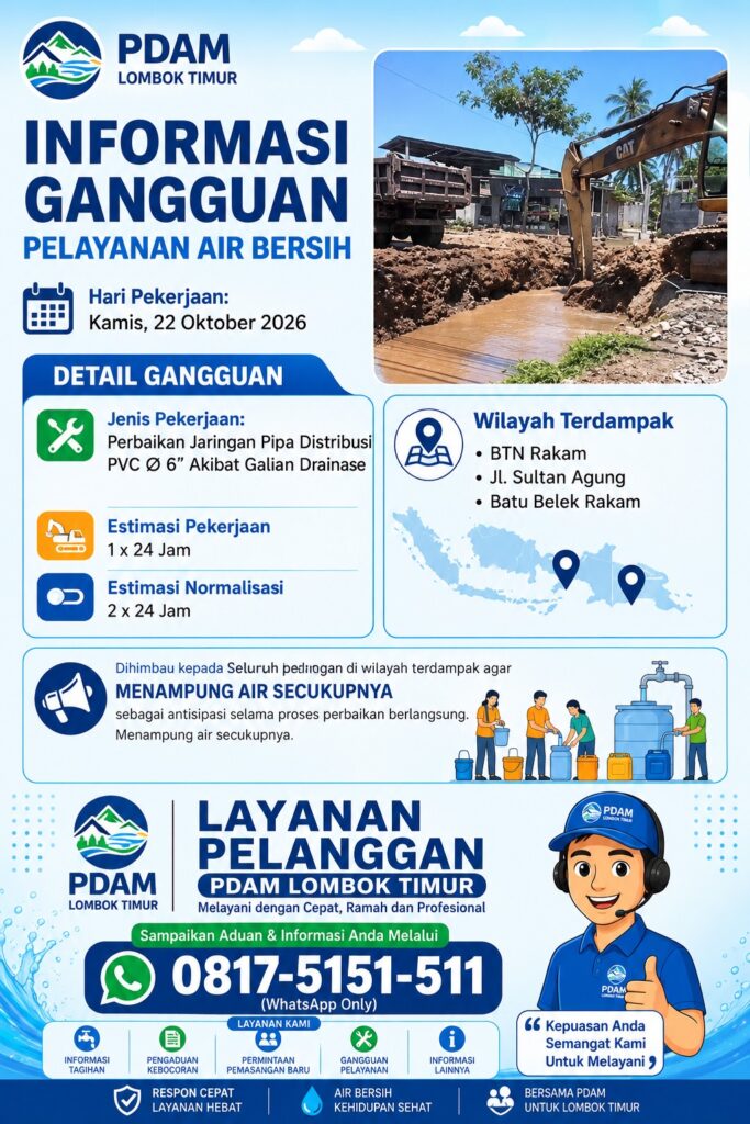 Perbaikan Pipa Ganggu Distribusi Air di Tiga Wilayah Lombok Timur, Pelanggan Diminta Bersiap